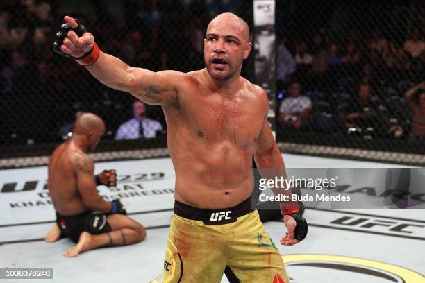 Thales Leites of Brazil reacts after facing Hector Lombard of Cuba in their middleweight bout during the UFC Fight Night event at Ibirapuera...