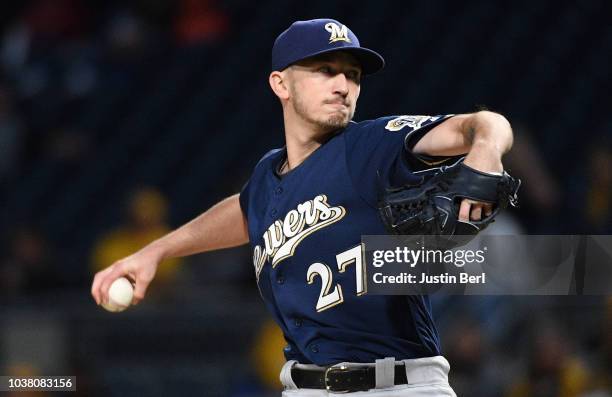 Zach Davies of the Milwaukee Brewers delivers a pitch in the first inning during the game against the Pittsburgh Pirates at PNC Park on September 22,...