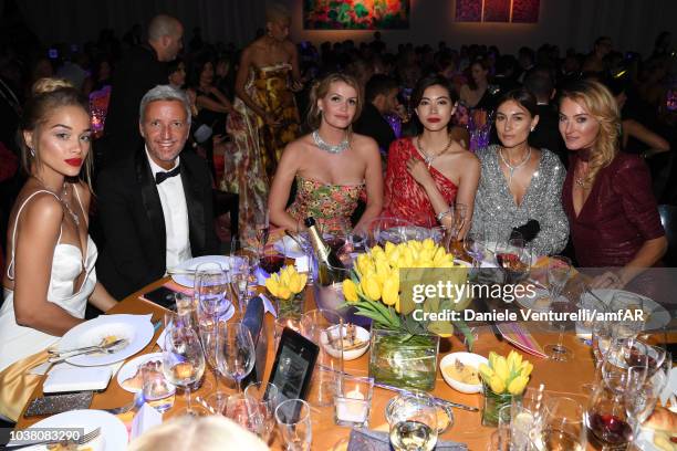 Jasmine Sanders, guest, Kitty Spencer, Hikari Mori and guest attend amfAR Gala dinner at La Permanente on September 22, 2018 in Milan, Italy.