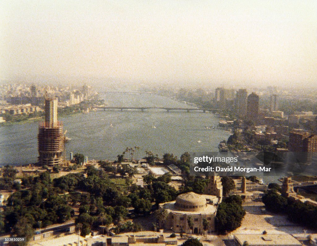 Cairo and Nile River in smog haze