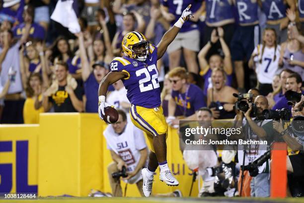 Clyde Edwards-Helaire of the LSU Tigers celebrates a touchdown during the first half against the Louisiana Tech Bulldogs at Tiger Stadium on...