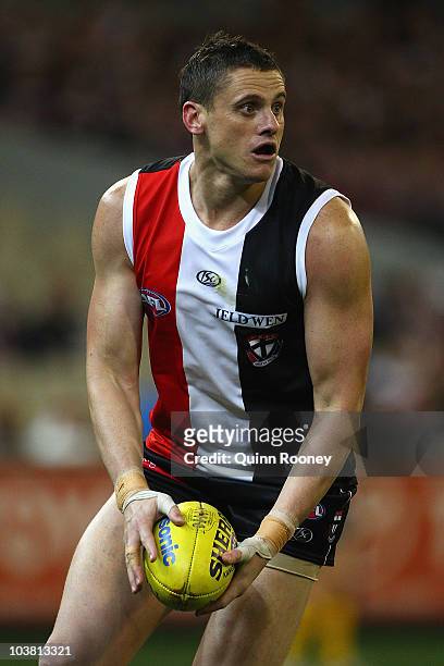 Michael Gardiner of the Saints looks to pass the ball during the AFL Second Qualifying Final match between the Geelong Cats and the St Kilda Saints...