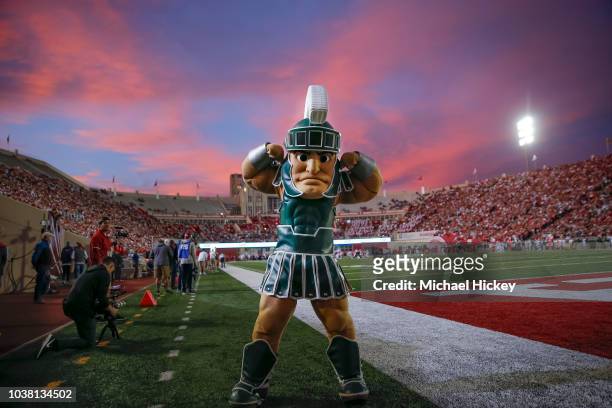 The Michigan State Spartans mascot Sparty flexes during the game against the Indiana Hoosiers at Memorial Stadium on September 22, 2018 in...