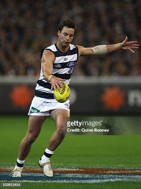 Jimmy Bartel of the Cats kicks during the AFL Second Qualifying Final match between the Geelong Cats and the St Kilda Saints at Melbourne Cricket...