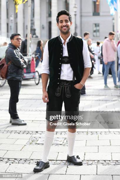 Blogger Sami Slimani wearing a Lederhose during the 'Fruehstueck bei Tiffany' at Tiffany Store ahead of the Oktoberfest on September 22, 2018 in...