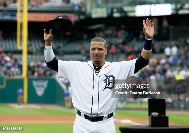 Victor Martinez of the Detroit Tigers acknowledges the fans during a pregame retirement ceremony at Comerica Park on September 22, 2018 in Detroit,...