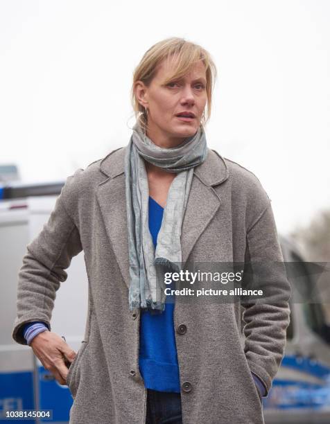Actress Anna Schudt as inspector Martina Boenisch pictured during a break as the episode 'Zahltag' of the German television series Tatort is filmed...