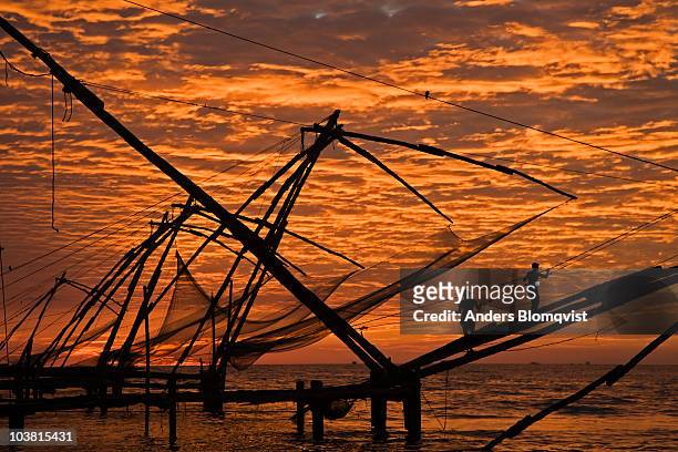 chinese fishing nets at sunset. - kochi india stock pictures, royalty-free photos & images