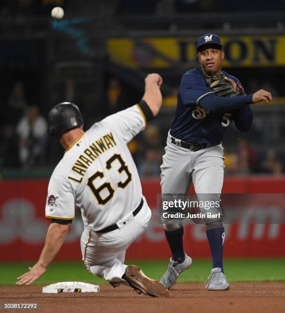 Jonathan Schoop of the Milwaukee Brewers turns a double play against Ryan Lavarnway of the Pittsburgh Pirates in the seventh inning during the game...