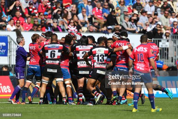 Tension builds during the round six Mitre 10 Cup match between Tasman and Counties Manakau on September 23, 2018 in Nelson, New Zealand.