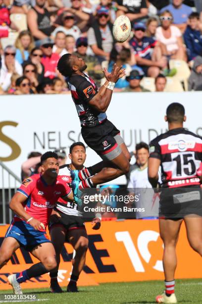 Tevita Nabura gets up high during the round six Mitre 10 Cup match between Tasman and Counties Manakau on September 23, 2018 in Nelson, New Zealand.