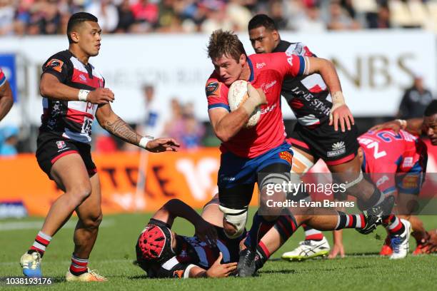 Ethan Blackadder during the round six Mitre 10 Cup match between Tasman and Counties Manakau on September 23, 2018 in Nelson, New Zealand.