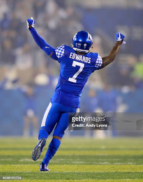 Mike Edwards of the Kentucky Wildcats celebrates during the 28-7 win over the Mississippi State Bulldogs at Commonwealth Stadium on September 22,...