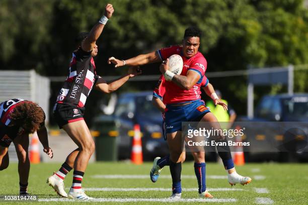Tima Faingaanuku bounces off the defence during the round six Mitre 10 Cup match between Tasman and Counties Manakau on September 23, 2018 in Nelson,...