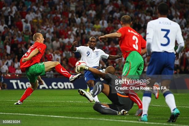 Jermain Defoe of England scores during the UEFA EURO 2012 Group G Qualifying match between England and Bulgaria at Wembley Stadium on September 3,...