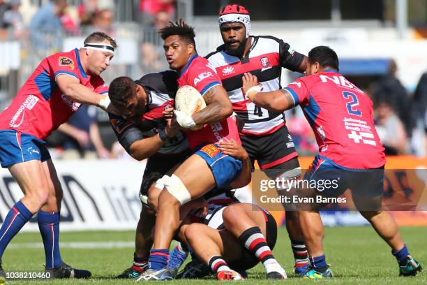 Te Ahiwaru Cirikiaveta holds up the ball during the round six Mitre 10 Cup match between Tasman and Counties Manakau on September 23, 2018 in Nelson,...