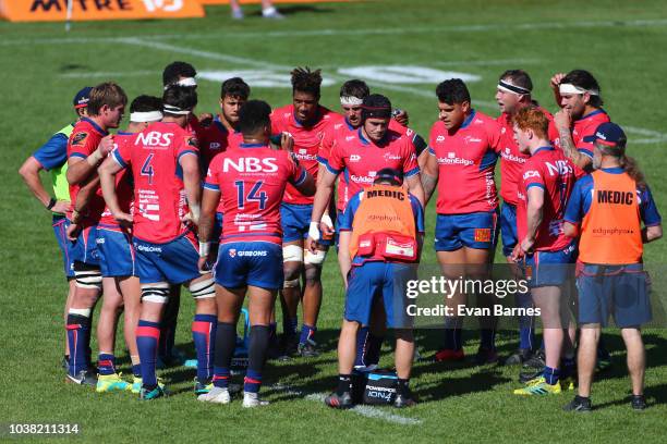 Tasman Mako back on Halfway after scoring a try during the round six Mitre 10 Cup match between Tasman and Counties Manakau on September 23, 2018 in...