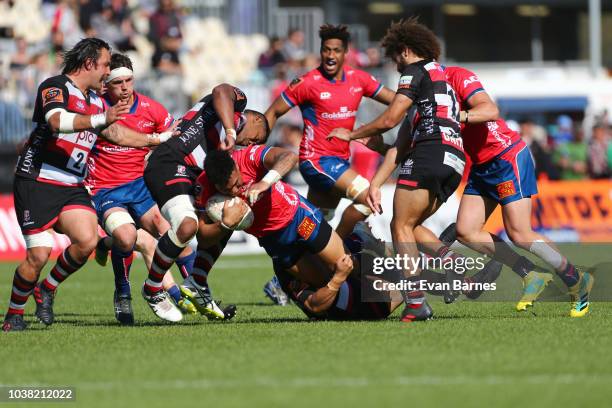 TimaFaingaanuku is tackled during the round six Mitre 10 Cup match between Tasman and Counties Manukau on September 23, 2018 in Nelson, New Zealand.