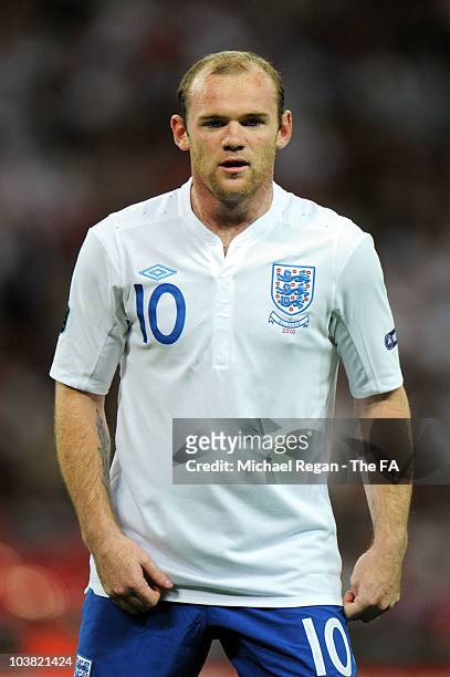 Wayne Rooney of England waits for the ball during the UEFA EURO 2012 Group G Qualifying match between England and Bulgaria at Wembley Stadium on...