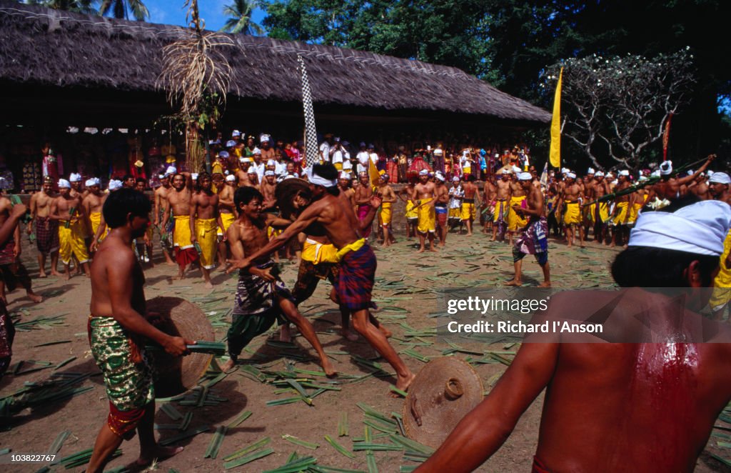 Teams of fighting men give each other good hard slappings with spiky pandanas leaves during the Usaba Sambah festival.