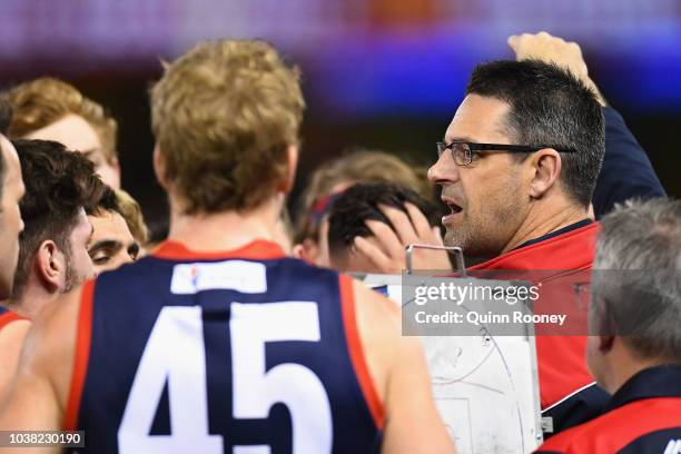 Jade Rawlings the coach of Casey talks to his players during the VFL Grand Final match between Casey and Box Hill at Etihad Stadium on September 23,...