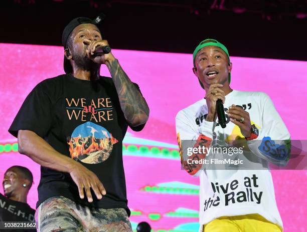 Shay Haley and Pharrell Williams of N.E.R.D perform on Downtown Stage during the 2018 Life Is Beautiful Festival on September 22, 2018 in Las Vegas,...