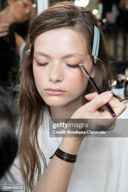 Model Louise Robert is seen backstage ahead of the Philosophy Di Lorenzo Serafini show during Milan Fashion Week Spring/Summer 2019 on September 22,...