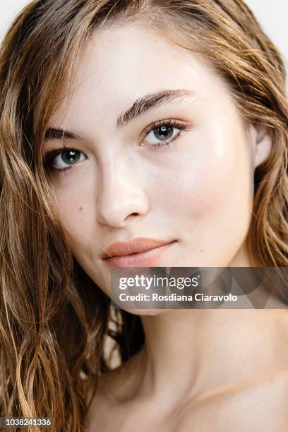 Model Grace Elizabeth is seen backstage ahead of the Philosophy Di Lorenzo Serafini show during Milan Fashion Week Spring/Summer 2019 on September...