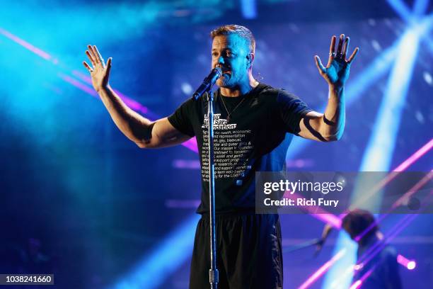 Dan Reynolds of Imagine Dragons performs onstage during the 2018 iHeartRadio Music Festival at T-Mobile Arena on September 22, 2018 in Las Vegas,...