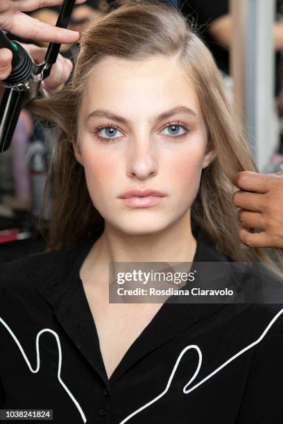 Model Felice Noordhoff is seen backstage ahead of the Philosophy Di Lorenzo Serafini show during Milan Fashion Week Spring/Summer 2019 on September...