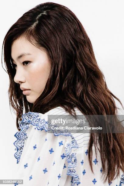 Model Hoyeon Jung, hair detail, is seen backstage ahead of the Philosophy Di Lorenzo Serafini show during Milan Fashion Week Spring/Summer 2019 on...