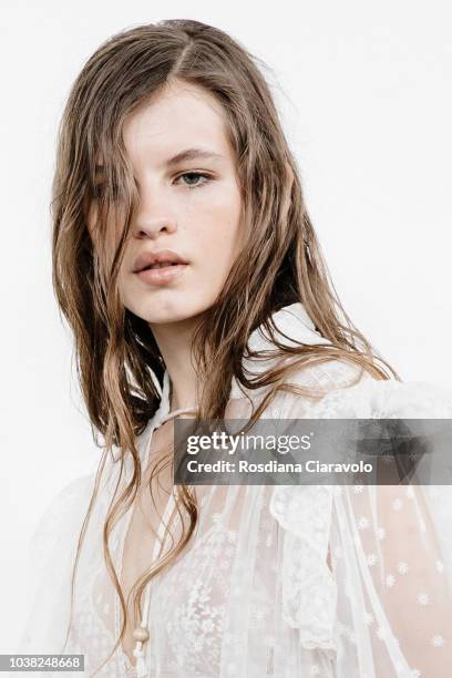 Model Ansolet Rossouw is seen backstage ahead of the Philosophy Di Lorenzo Serafini show during Milan Fashion Week Spring/Summer 2019 on September...