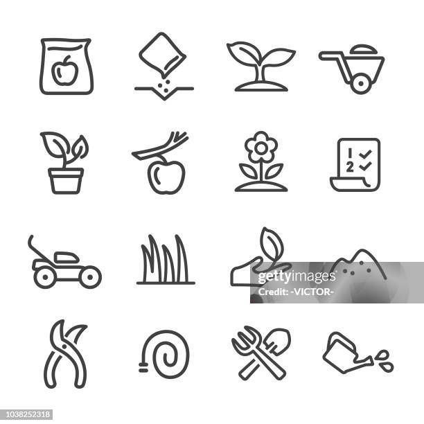 bildbanksillustrationer, clip art samt tecknat material och ikoner med trädgårdsskötsel ikoner - line serien - trädgårdsarbete