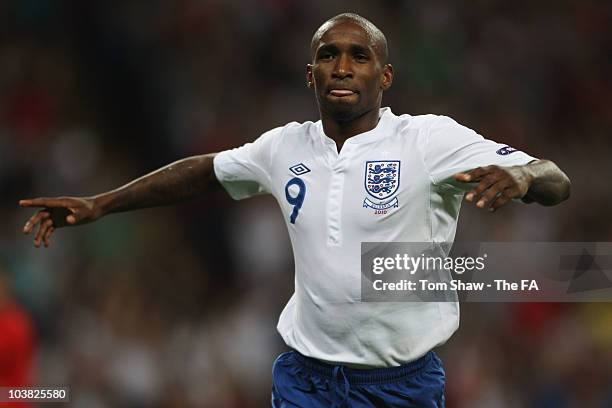 Jermain Defoe of England celebrates scoring his second goal during the UEFA EURO 2012 Group G Qualifying match between England and Bulgaria at...