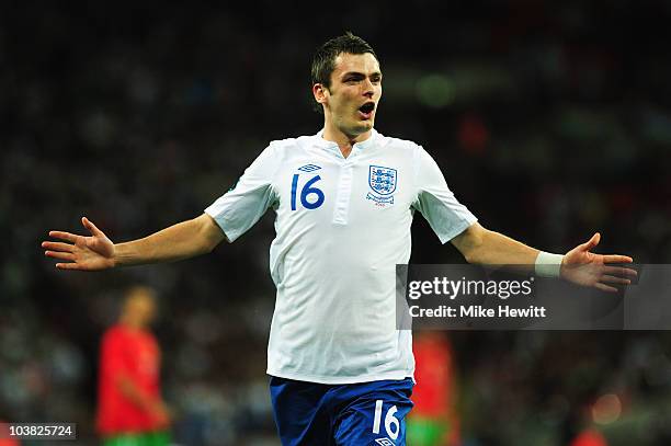 Adam Johnson of England celebrates scoring the third goal of the game during the UEFA EURO 2012 Group G Qualifying match between England and Bulgaria...