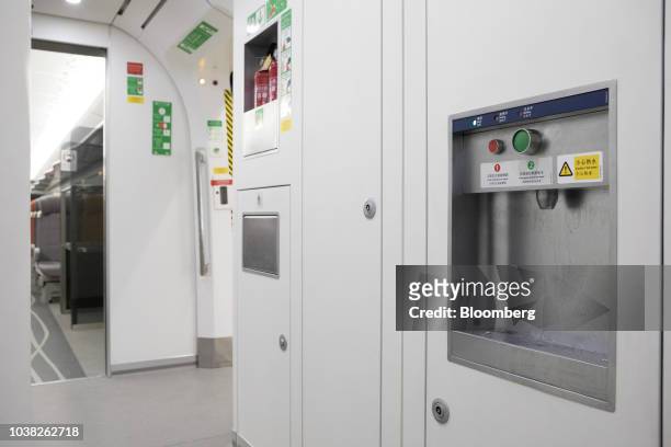 Water dispenser is seen onboard a Guangzhou-Shenzhen-Hong Kong Express Rail Link Vibrant Express train, operated by MTR Corp., traveling from West...