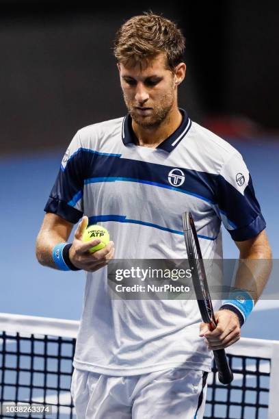 Martin Klizan of Slovakia during his St. Petersburg Open 2018 semi final tennis match against Stan Wawrinka of Switzerland on September 22, 2018 in...