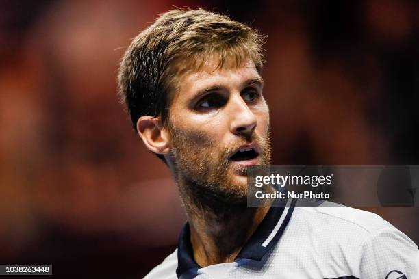 Martin Klizan of Slovakia looks on during his St. Petersburg Open 2018 semi final tennis match against Stan Wawrinka of Switzerland on September 22,...