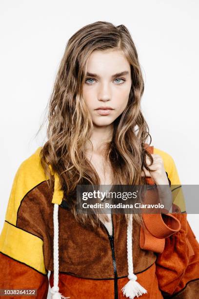 Model Meghan Roche is seen backstage ahead of the Philosophy Di Lorenzo Serafini show during Milan Fashion Week Spring/Summer 2019 on September 22,...