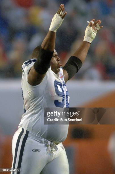 In Super Bowl XLI on February 4 Indianapolis Colts defensive tackle Anthony McFarland celebrates a 29-17 victory against the Chicago Bears in Miami.