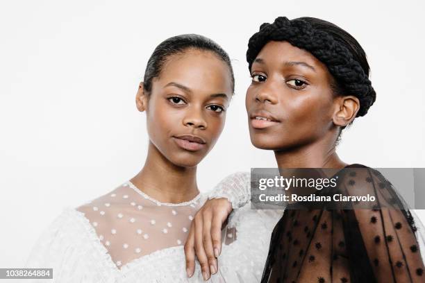 Models Aaliyah Hydes and Elibeidy Dani are seen backstage ahead of the Philosophy Di Lorenzo Serafini show during Milan Fashion Week Spring/Summer...