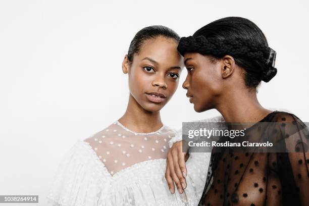 Models Aaliyah Hydes and Elibeidy Dani are seen backstage ahead of the Philosophy Di Lorenzo Serafini show during Milan Fashion Week Spring/Summer...