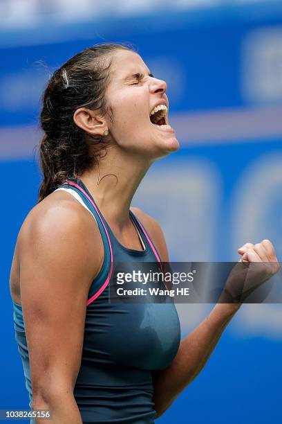 Julia Goerges of Germany celebration win the game against Marketa Vondrousova of Czech during 2018 Wuhan Open at Optics Valley International Tennis...