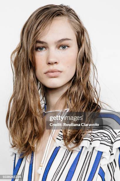 Model Lex Herl is seen backstage ahead of the Philosophy Di Lorenzo Serafini show during Milan Fashion Week Spring/Summer 2019 on September 22, 2018...