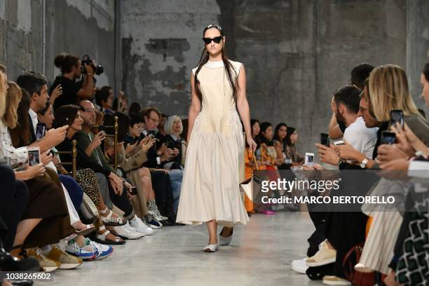 Model presents a creation during the Marni fashion show, as part of the Women's Spring/Summer 2019 fashion week in Milan, on September 23, 2018.