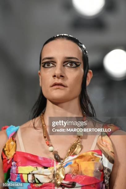 Model presents a creation during the Marni fashion show, as part of the Women's Spring/Summer 2019 fashion week in Milan, on September 23, 2018.