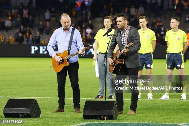 Russell Robertson performs during the VFL Grand Final match between Casey and Box Hill at Etihad Stadium on September 23, 2018 in Melbourne,...