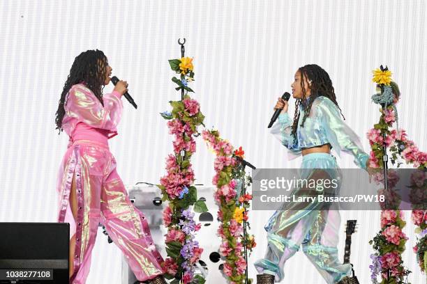 Chloe Bailey and Halle Bailey of Chloe X Halle perform onstage during the 'On The Run II' Tour at Rose Bowl on September 22, 2018 in Pasadena,...