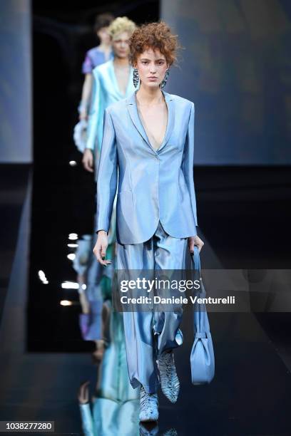 Model walks the runway at the Giorgio Armani show during Milan Fashion Week Spring/Summer 2019 on September 23, 2018 in Milan, Italy.