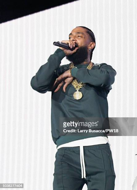 Nipsey Hussle performs onstage during the 'On The Run II' Tour at Rose Bowl on September 22, 2018 in Pasadena, California.